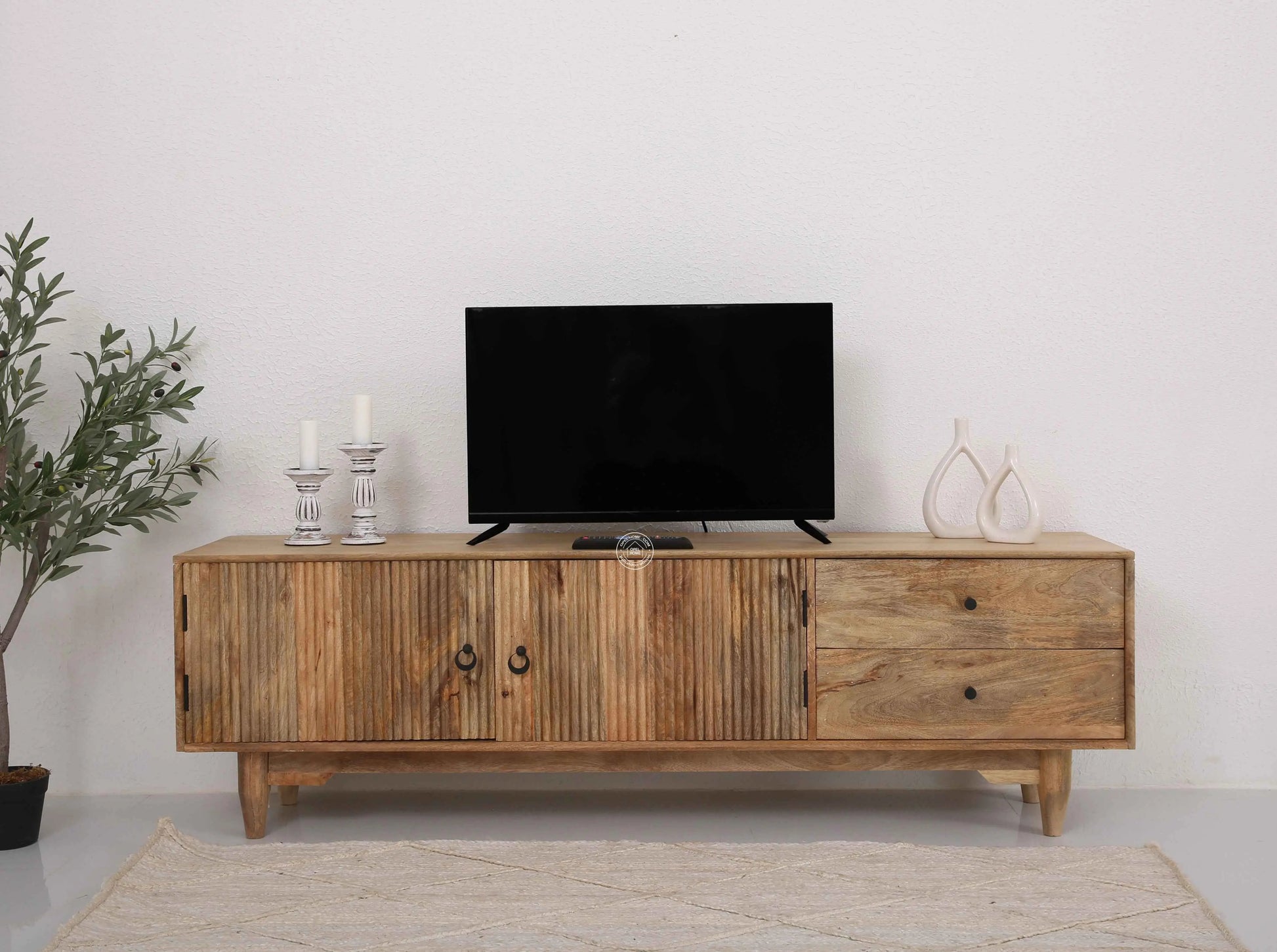 Forest Wooden Slat Door Media Unit – Solid Mango Wood, Natural Finish | Opelhome UAE