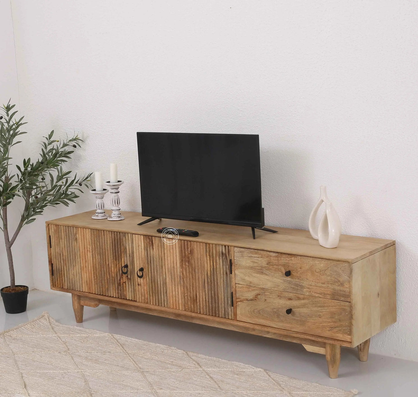 Forest Wooden Slat Door Media Unit – Solid Mango Wood, Natural Finish | Opelhome UAE