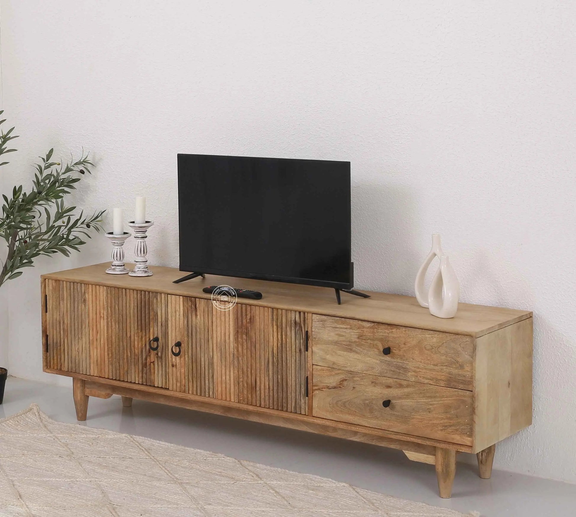 Forest Wooden Slat Door Media Unit – Solid Mango Wood, Natural Finish | Opelhome UAE