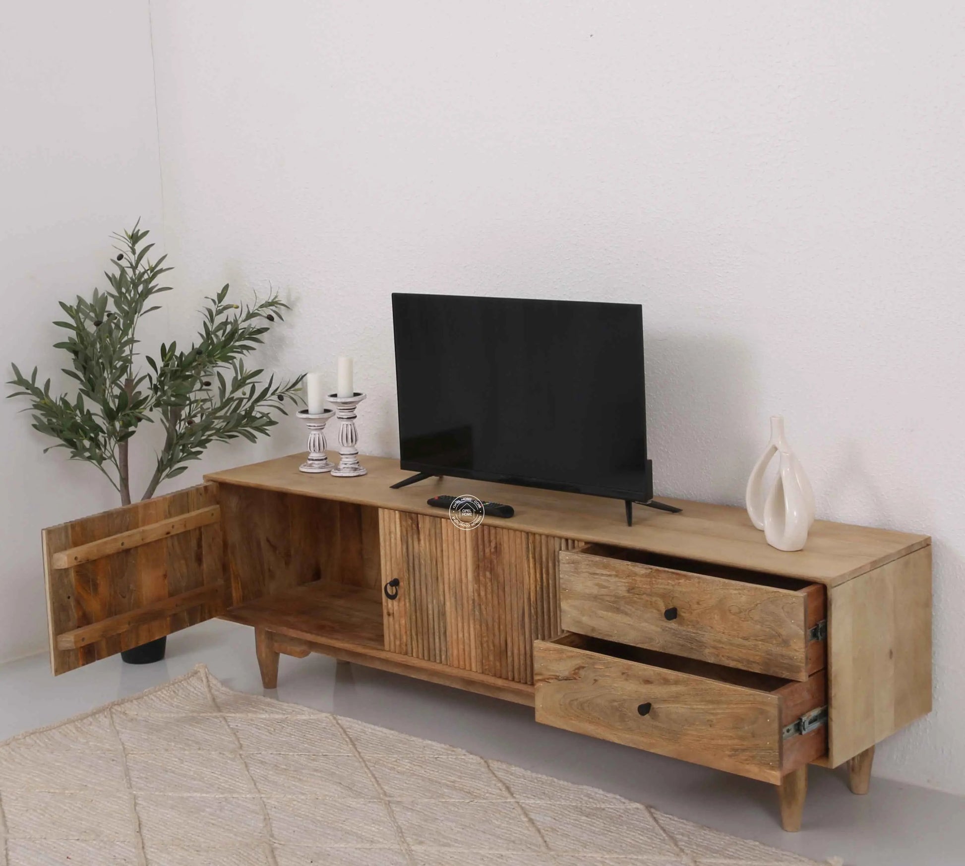 Forest Wooden Slat Door Media Unit – Solid Mango Wood, Natural Finish | Opelhome UAE