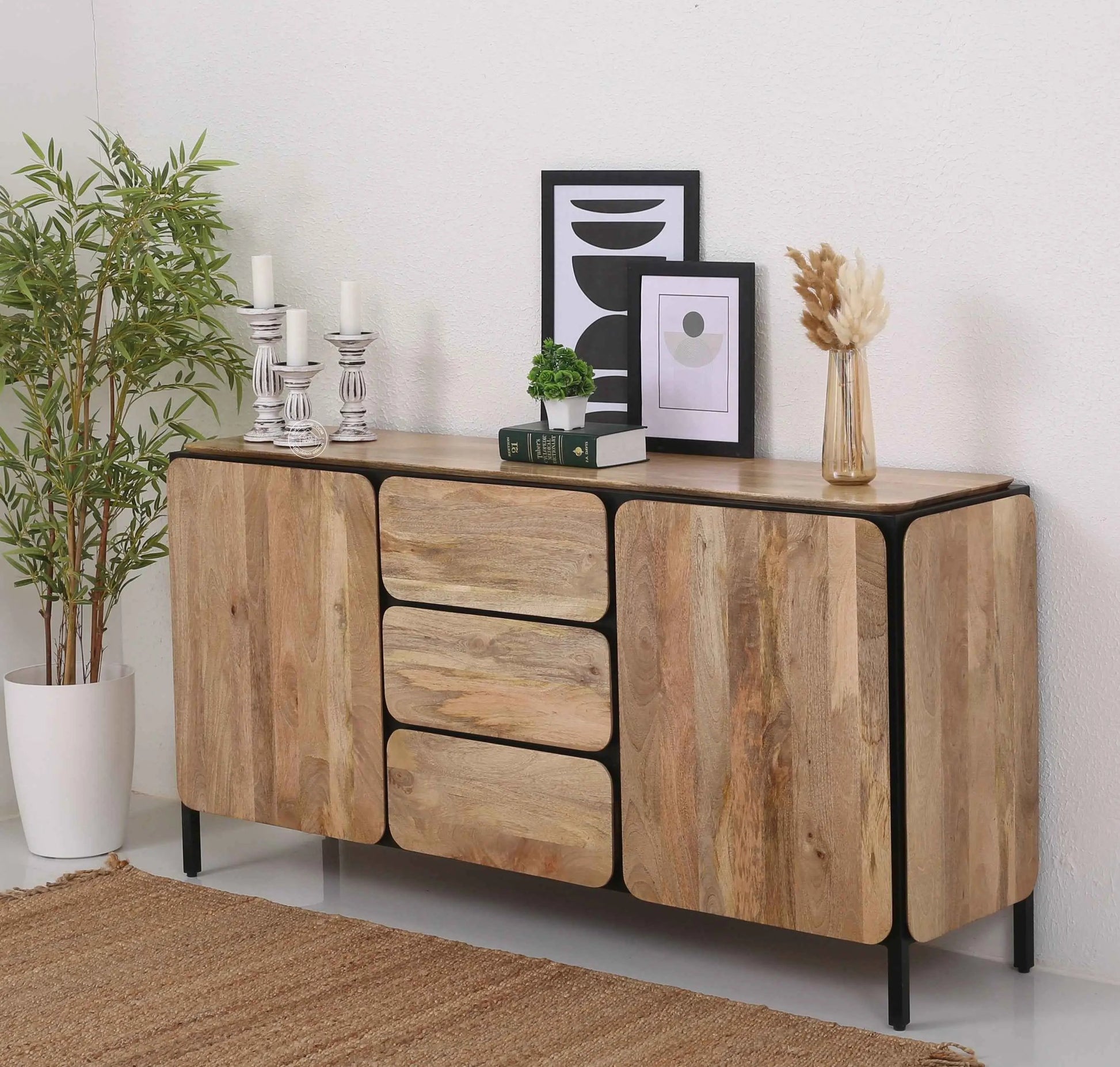 Frank Sideboard – 3 Drawers, 2 Doors, Solid Mango Wood & Iron, Natural Finish | Opelhome UAE