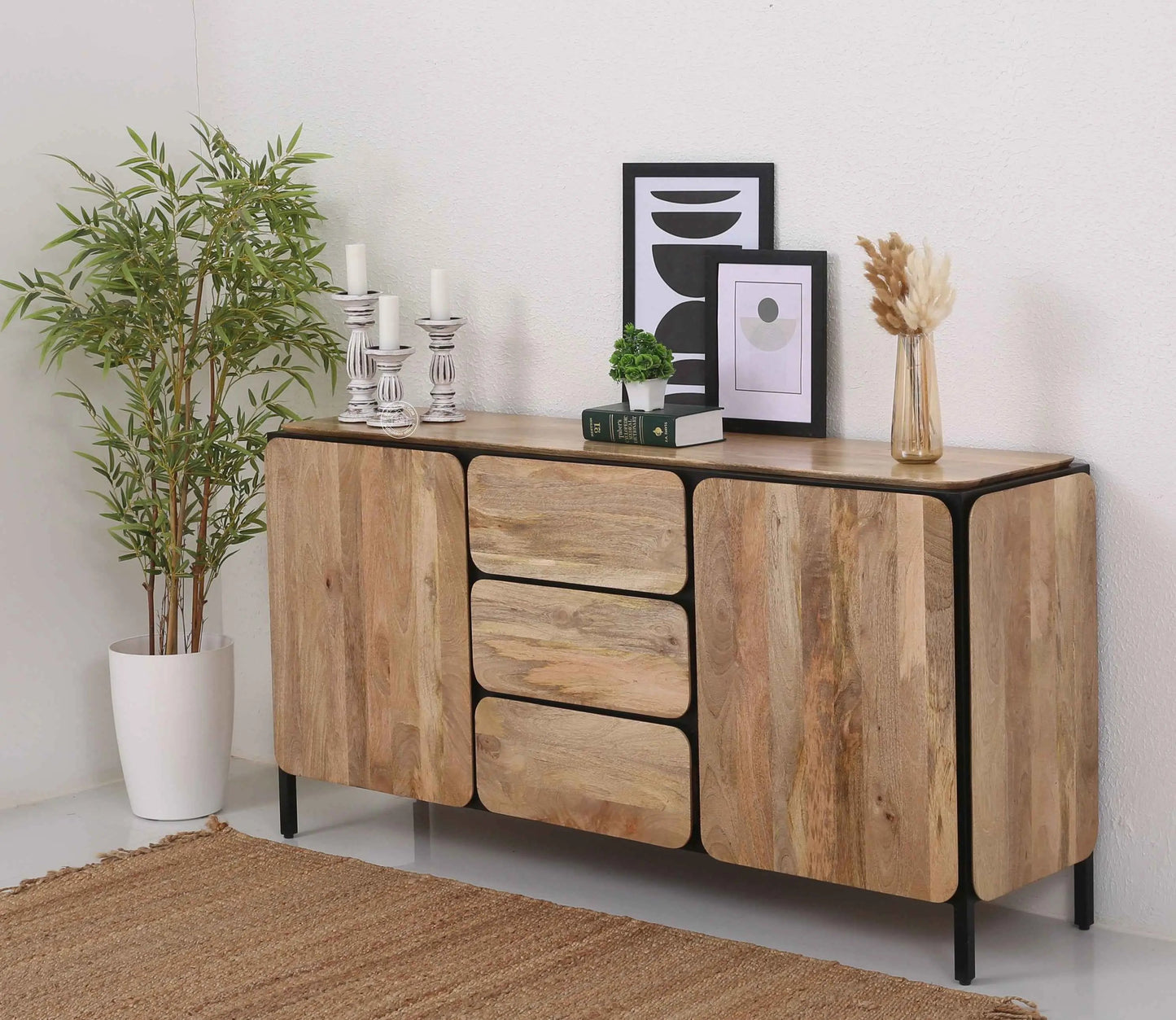 Frank Sideboard – 3 Drawers, 2 Doors, Solid Mango Wood & Iron, Natural Finish | Opelhome UAE