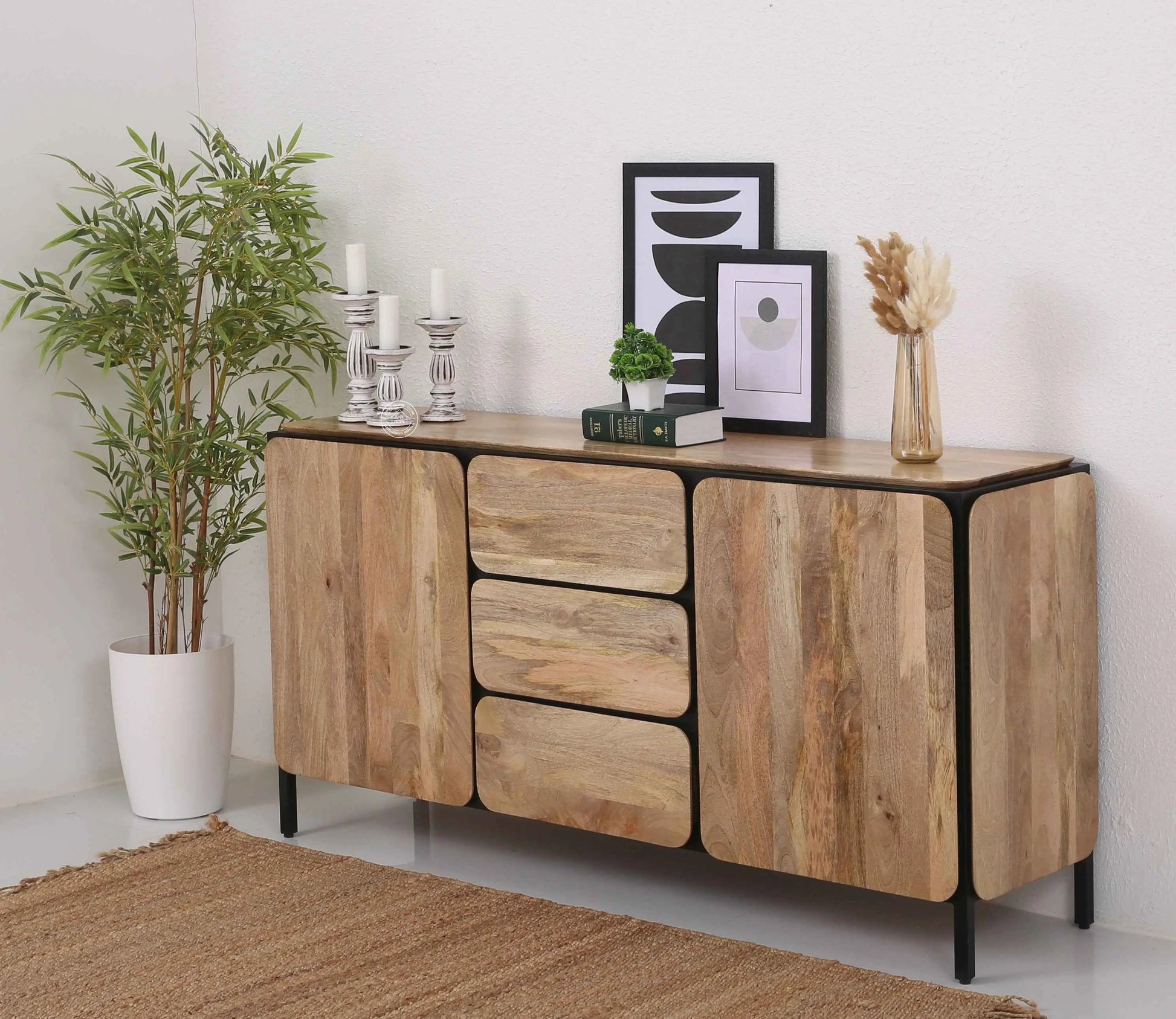 Frank Sideboard – 3 Drawers, 2 Doors, Solid Mango Wood & Iron, Natural Finish | Opelhome UAE