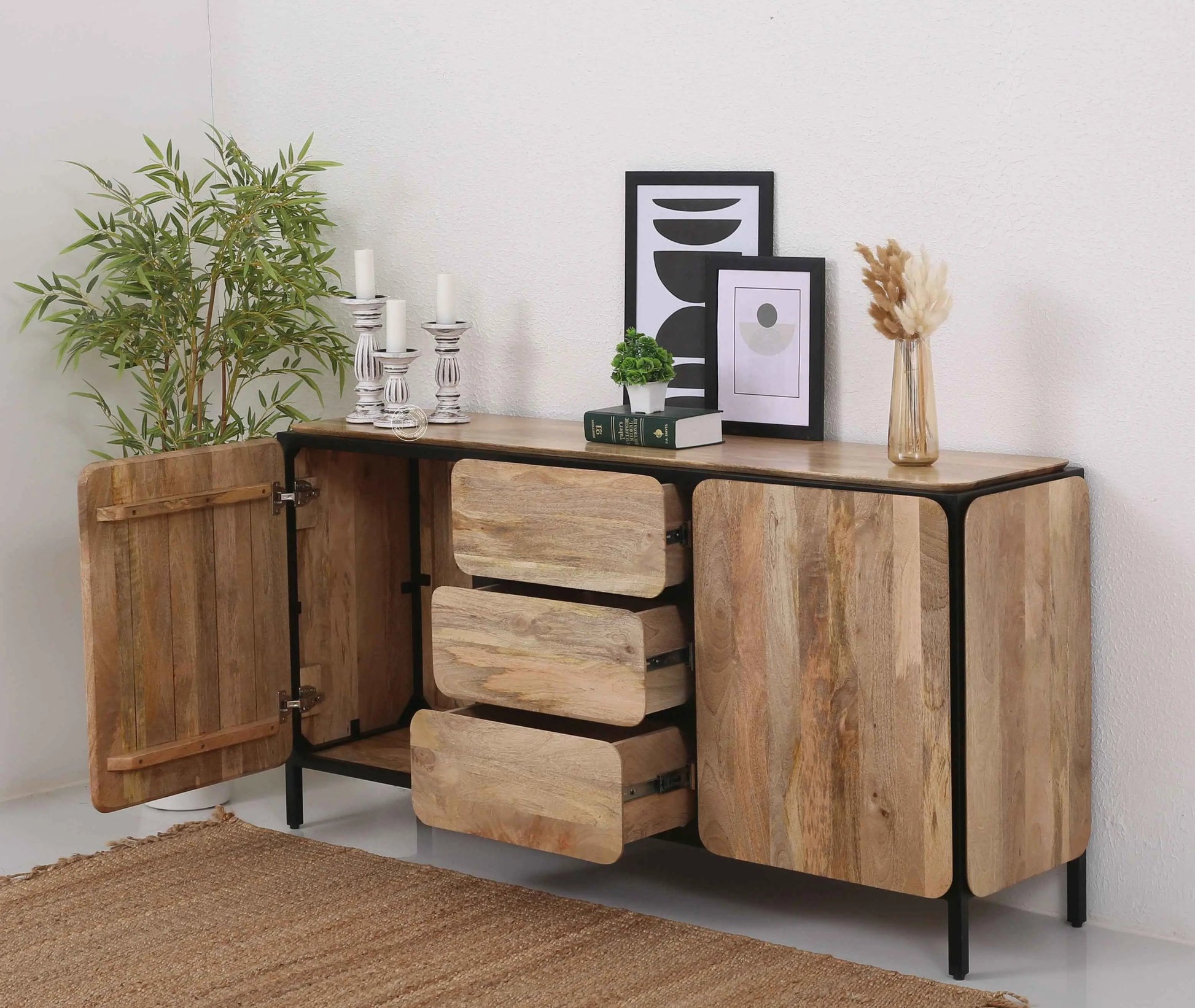 Frank Sideboard – 3 Drawers, 2 Doors, Solid Mango Wood & Iron, Natural Finish | Opelhome UAE