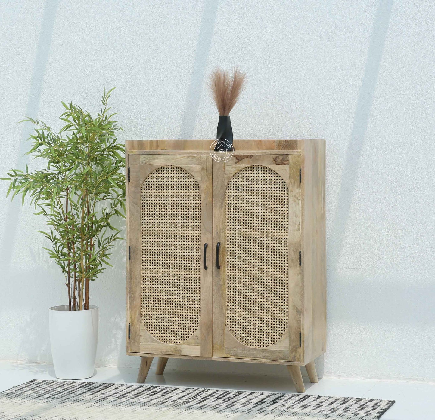 Granora Rattan Shoe Rack – Solid Mango Wood, Natural Finish, Storage Cabinet | Opelhome UAE