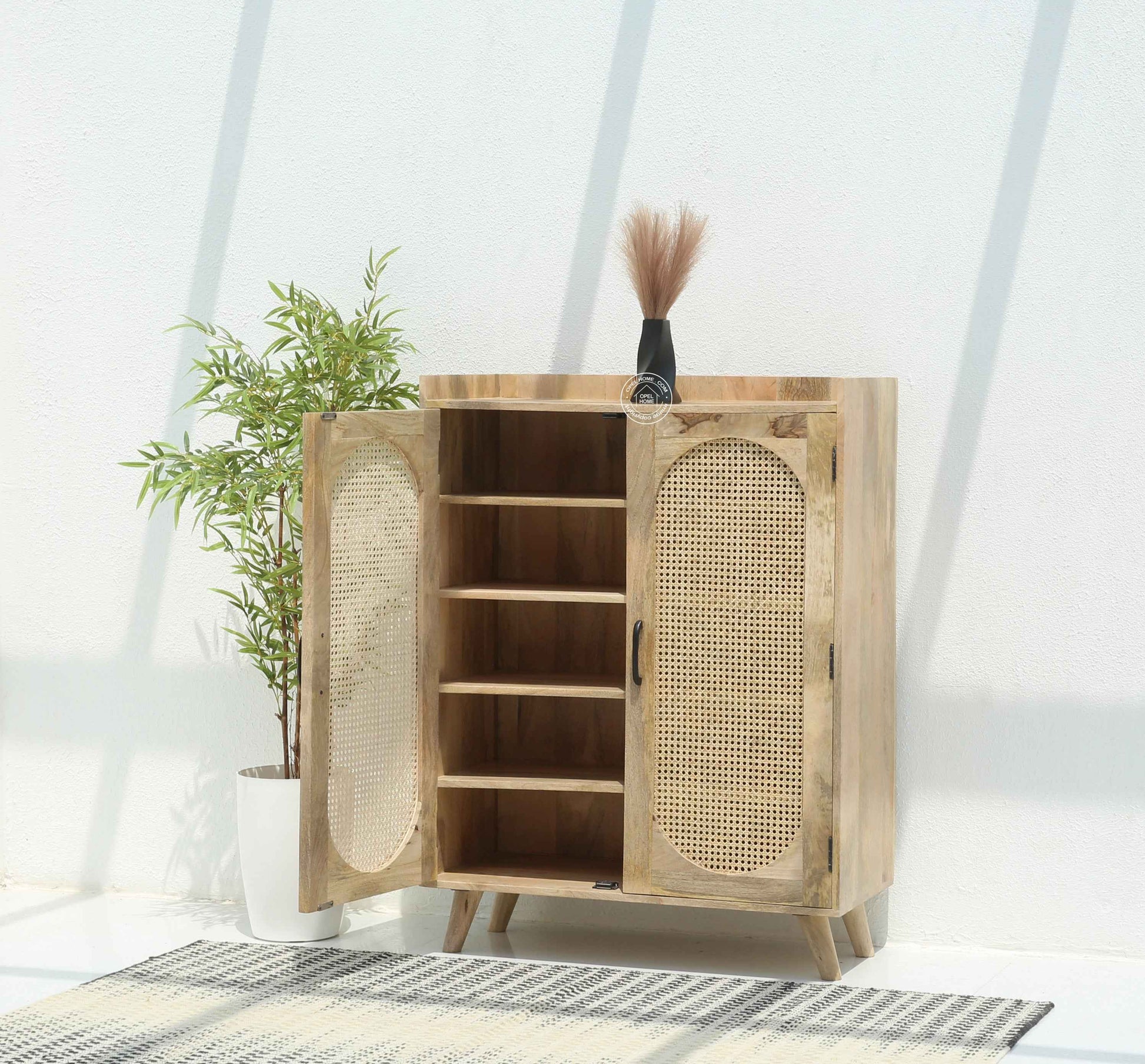 Granora Rattan Shoe Rack – Solid Mango Wood, Natural Finish, Storage Cabinet | Opelhome UAE