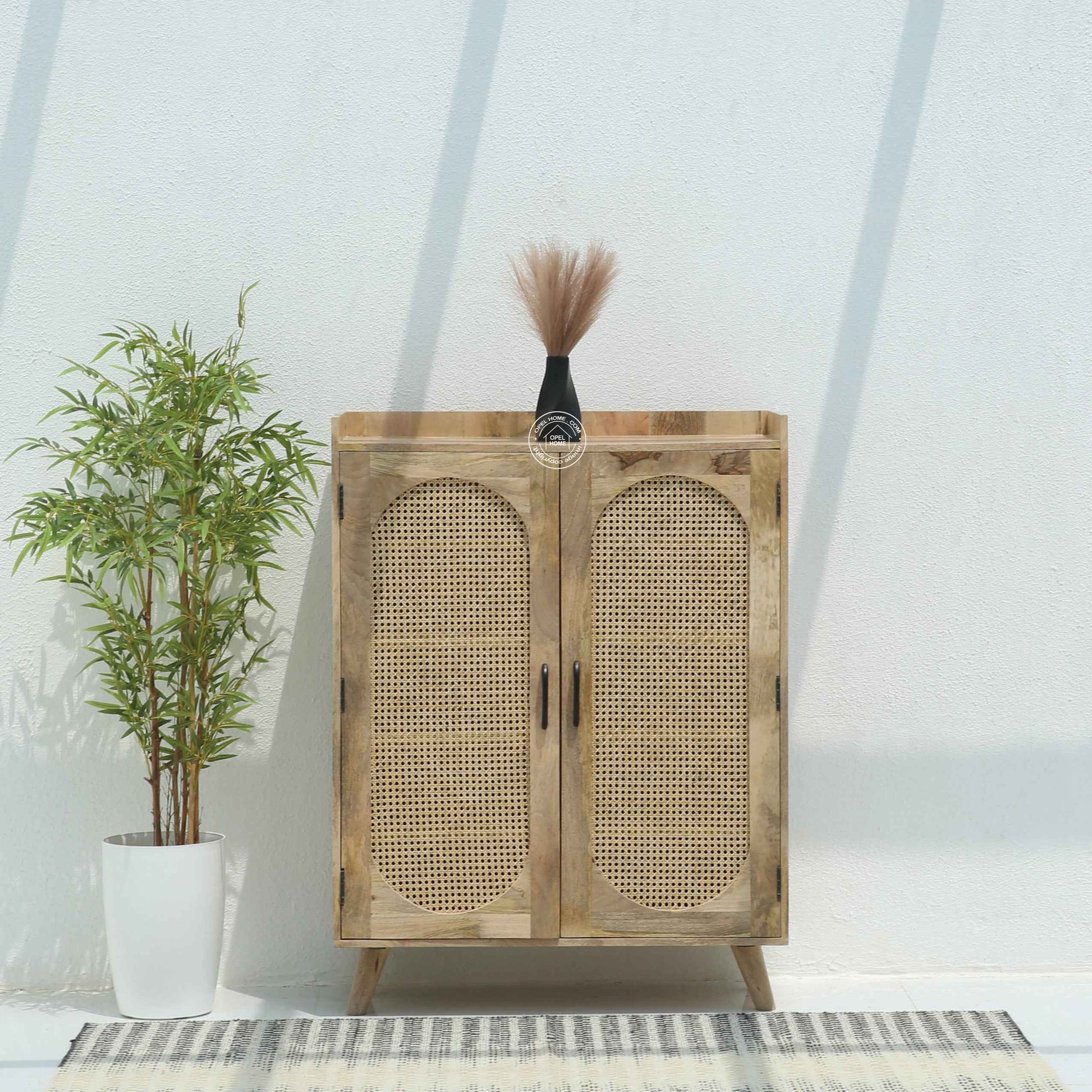 Granora Rattan Shoe Rack – Solid Mango Wood, Natural Finish, Storage Cabinet | Opelhome UAE