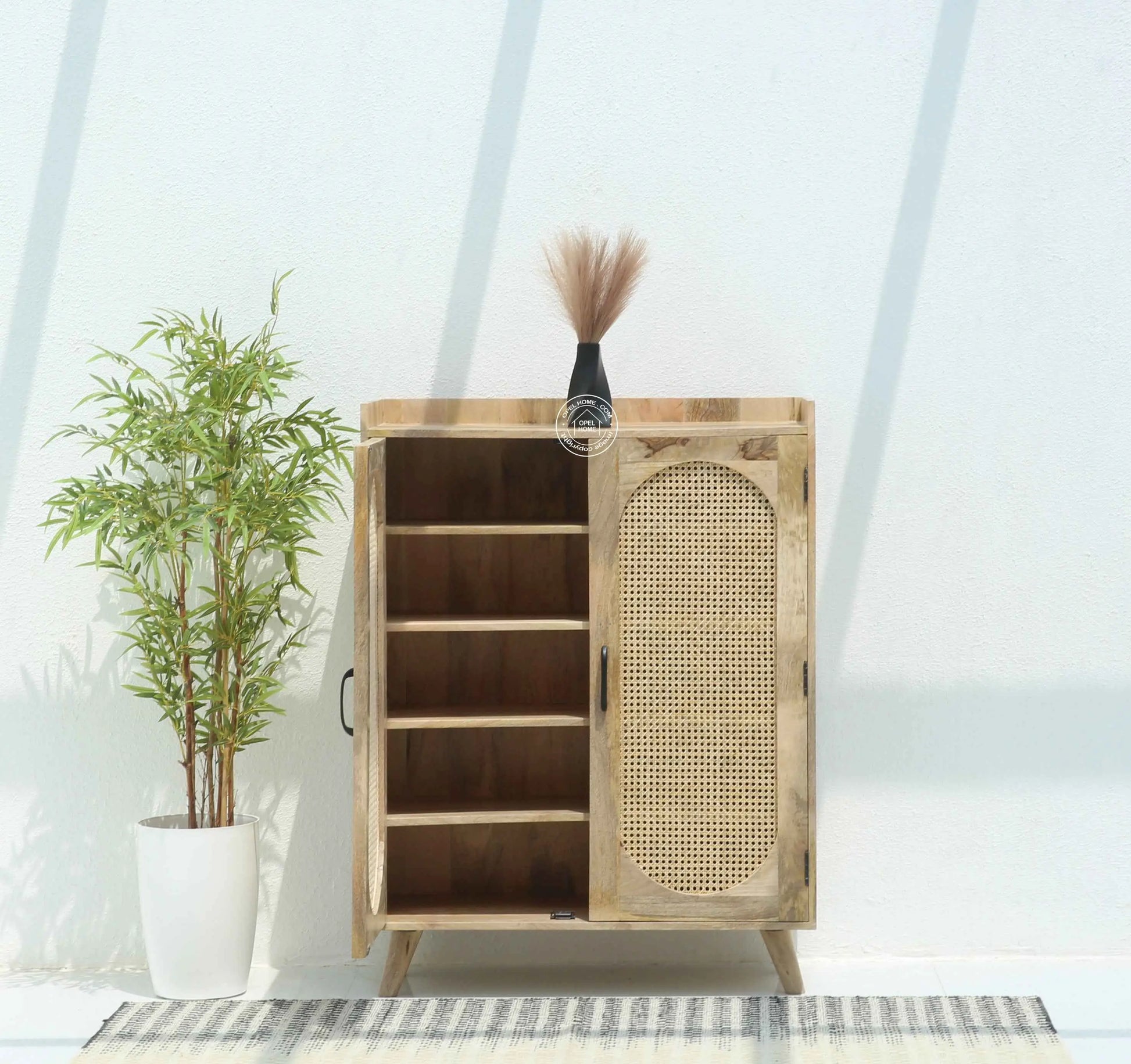 Granora Rattan Shoe Rack – Solid Mango Wood, Natural Finish, Storage Cabinet | Opelhome UAE