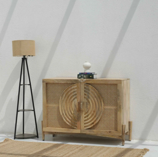 Hallum 3 Door Rattan Sideboard – Solid Mango Wood, Natural Finish | Opelhome UAE