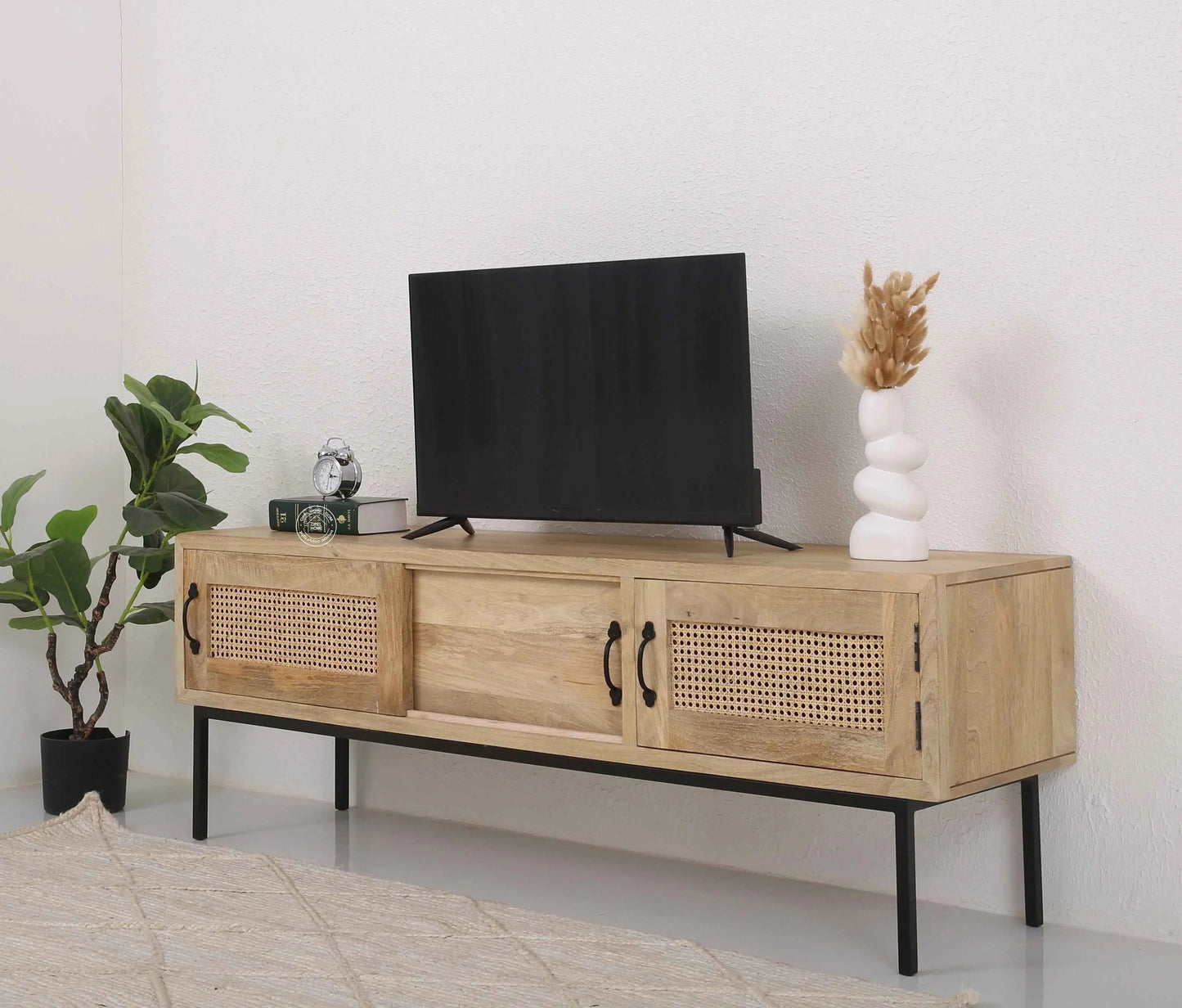 Hanson Rattan Media Unit – Solid Mango Wood, Natural Finish, 2 Doors | Opelhome UAE