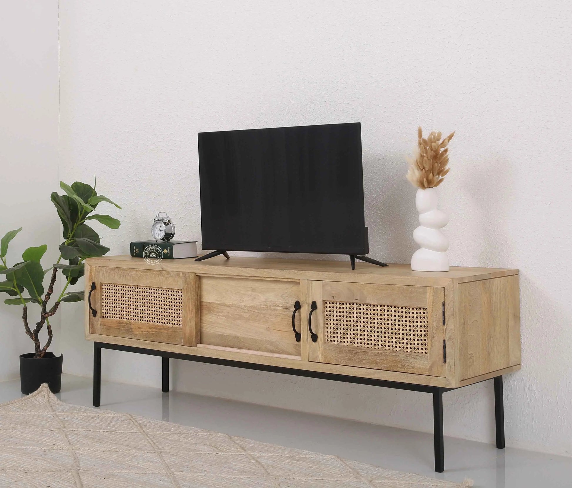 Hanson Rattan Media Unit – Solid Mango Wood, Natural Finish, 2 Doors | Opelhome UAE