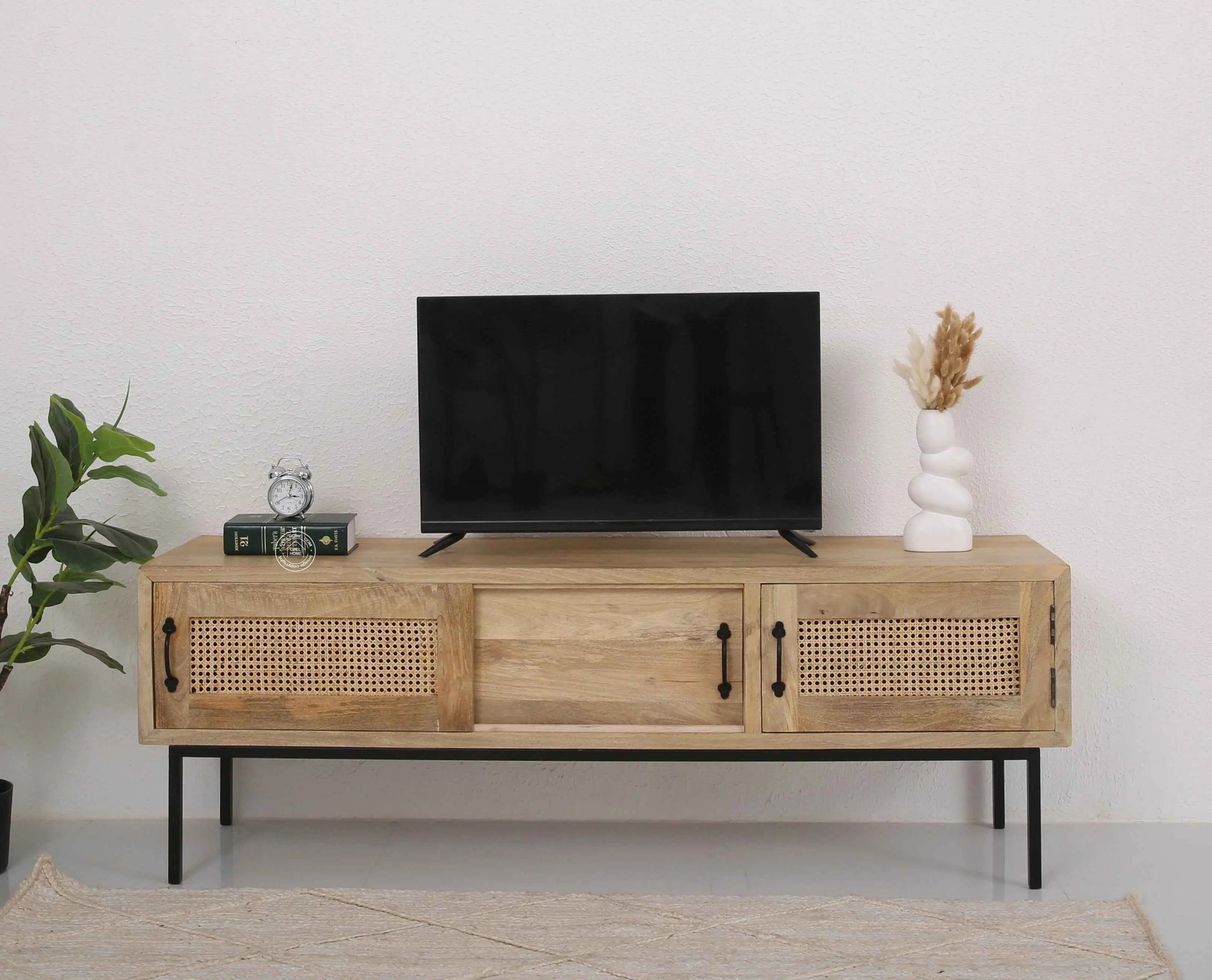 Hanson Rattan Media Unit – Solid Mango Wood, Natural Finish, 2 Doors | Opelhome UAE