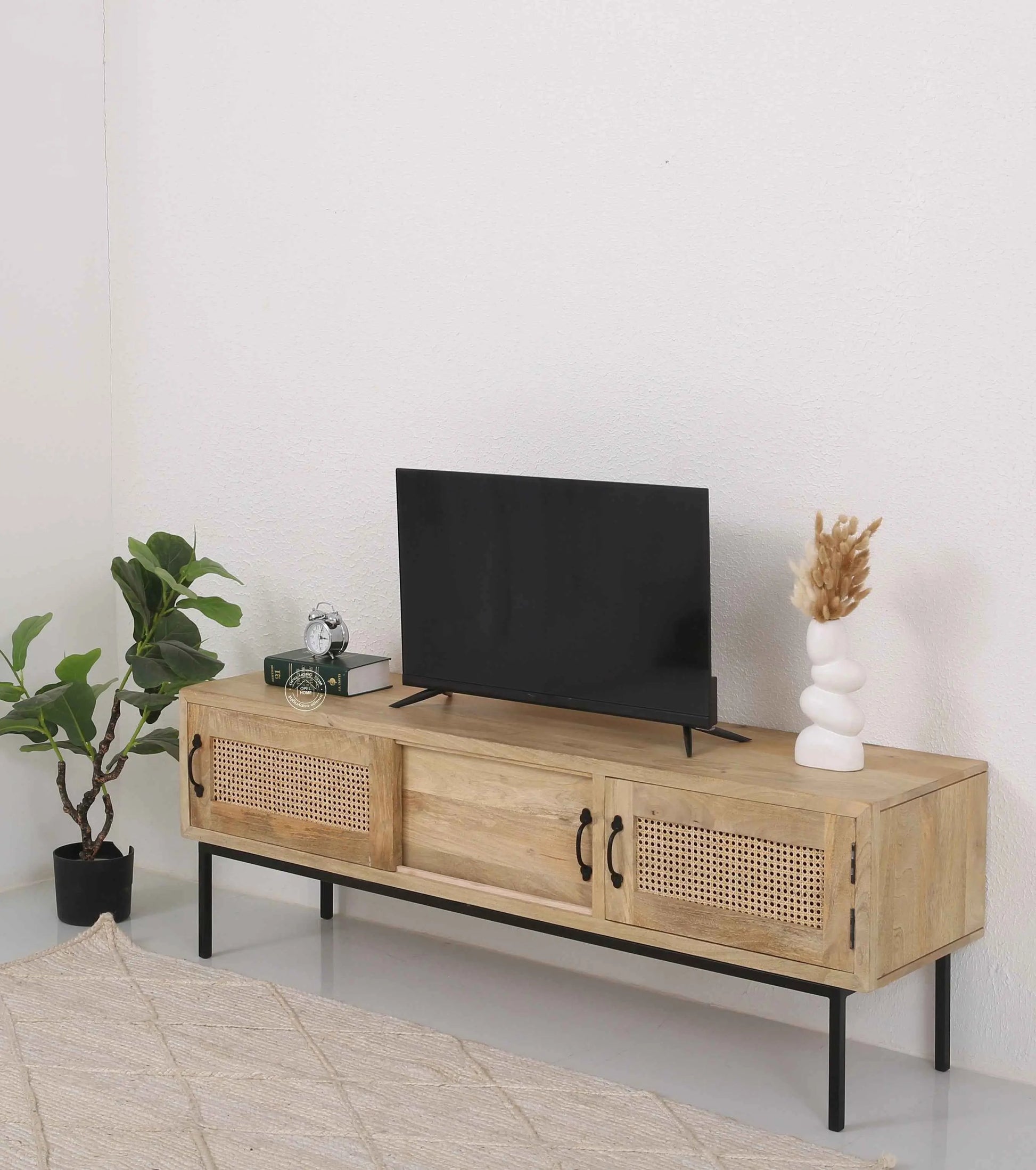 Hanson Rattan Media Unit – Solid Mango Wood, Natural Finish, 2 Doors | Opelhome UAE