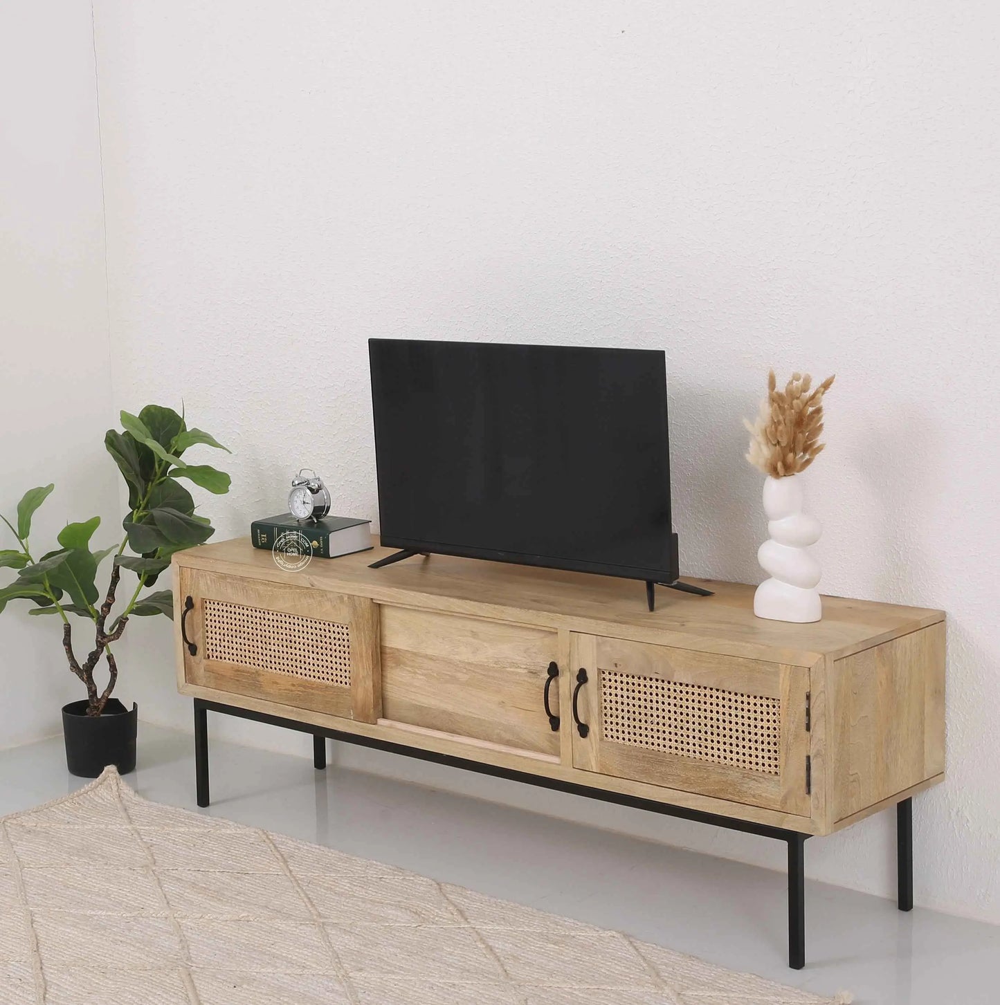 Hanson Rattan Media Unit – Solid Mango Wood, Natural Finish, 2 Doors | Opelhome UAE