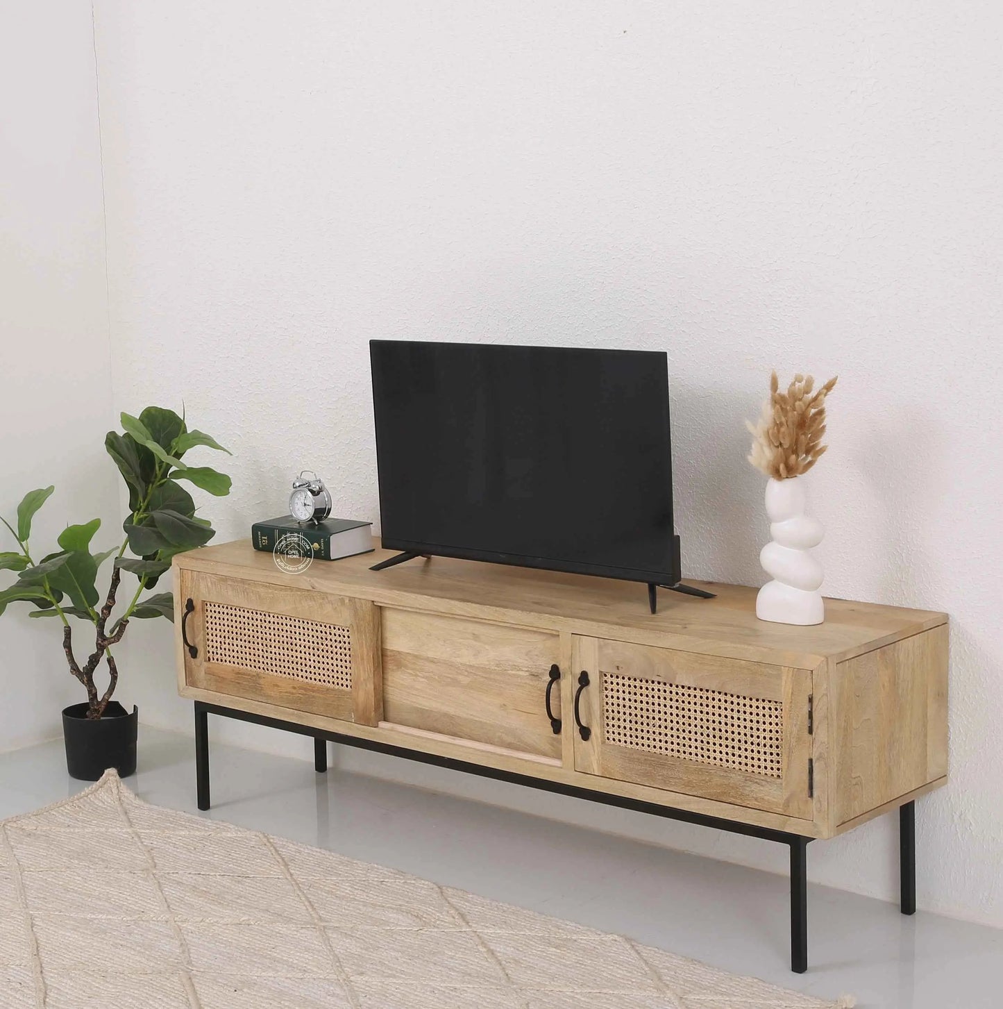 Hanson Rattan Media Unit – Solid Mango Wood, Natural Finish, 2 Doors | Opelhome UAE