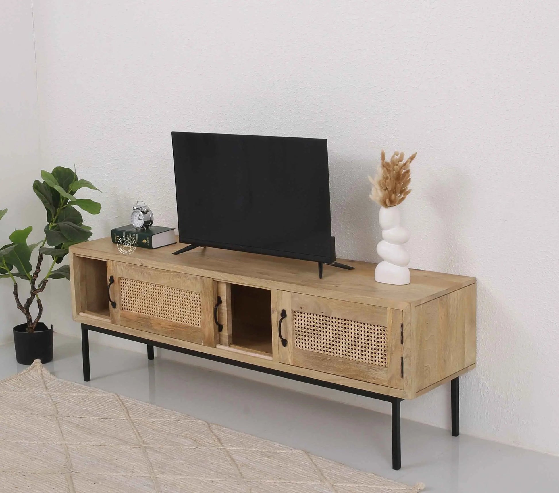 Hanson Rattan Media Unit – Solid Mango Wood, Natural Finish, 2 Doors | Opelhome UAE