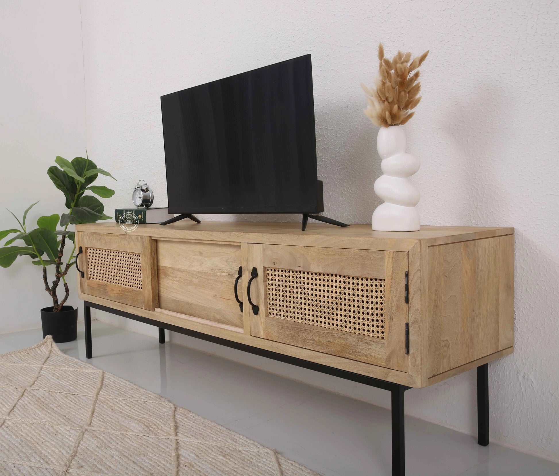 Hanson Rattan Media Unit – Solid Mango Wood, Natural Finish, 2 Doors | Opelhome UAE
