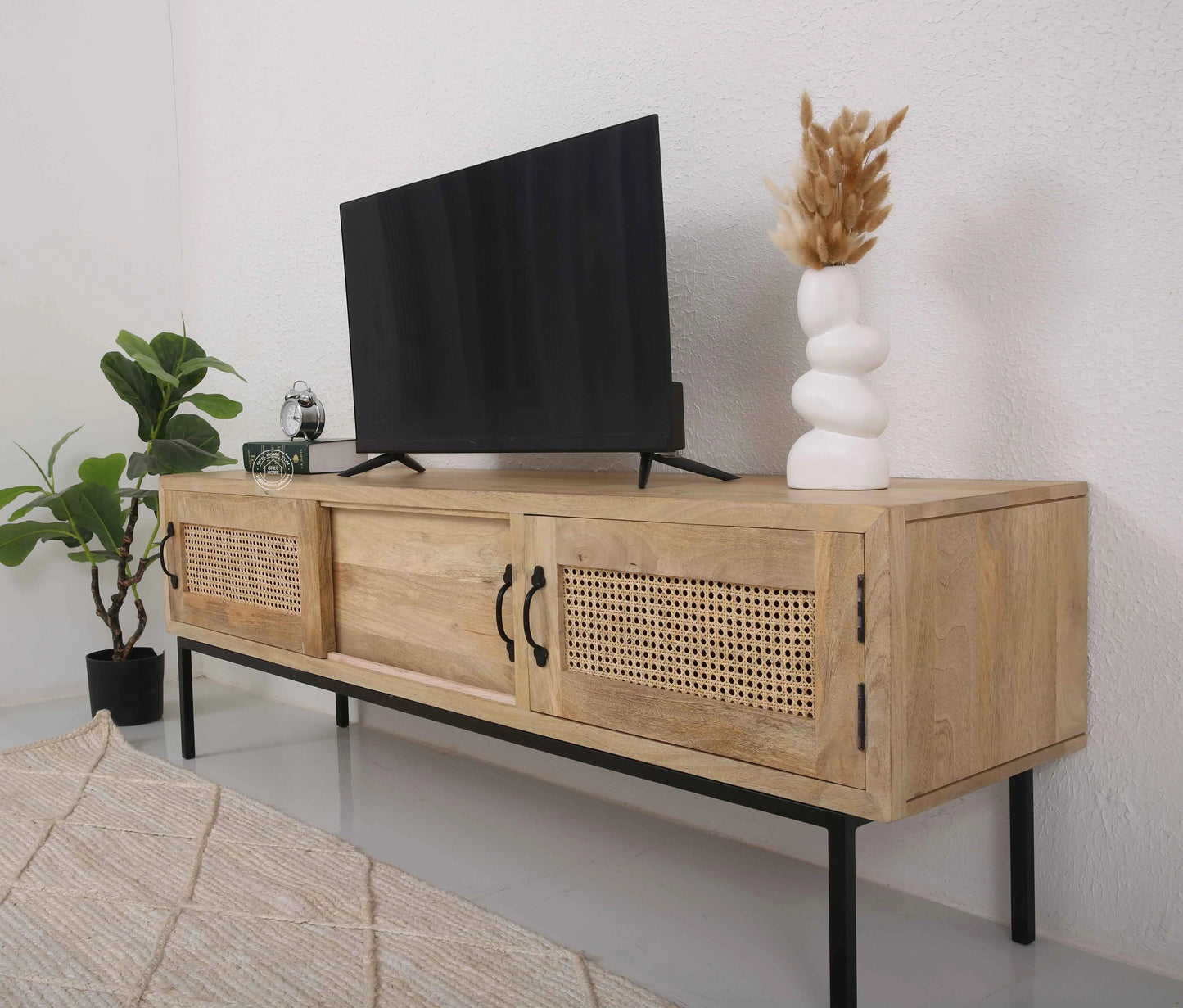 Hanson Rattan Media Unit – Solid Mango Wood, Natural Finish, 2 Doors | Opelhome UAE