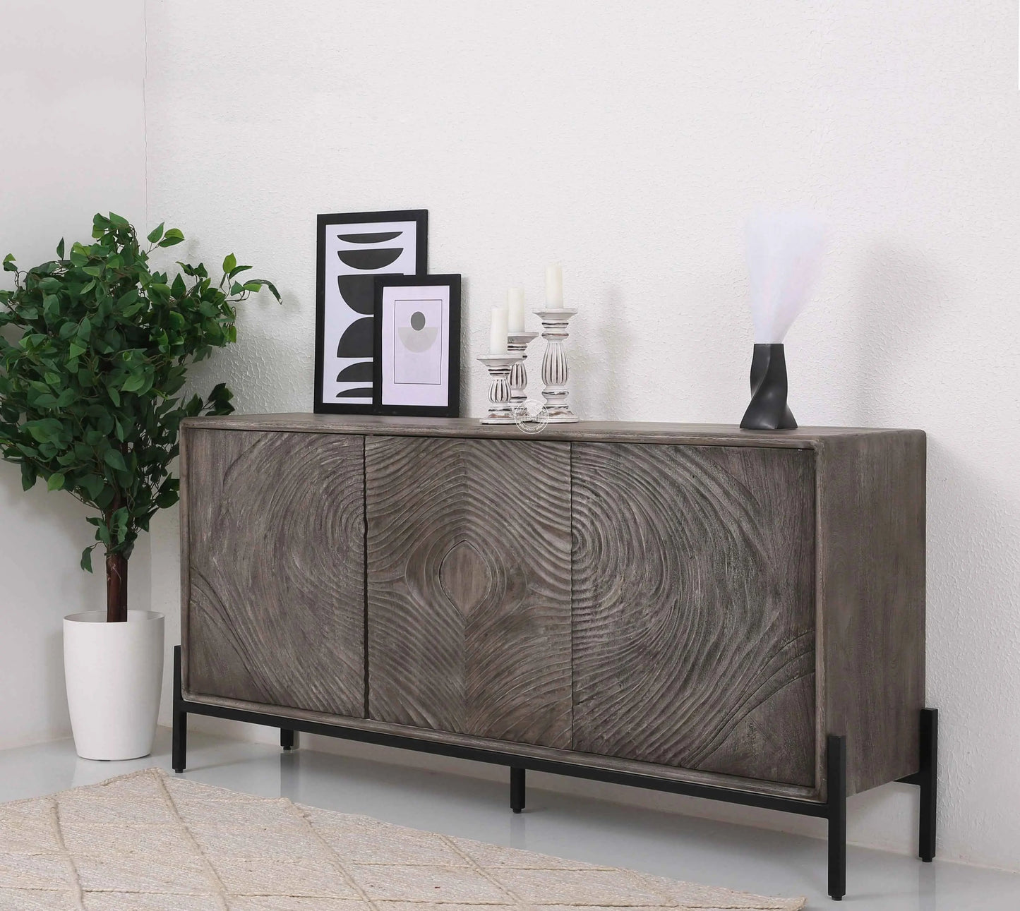 Harley Wooden Sideboard – 3 Doors, Solid Wood, Grey Finish | Opelhome UAE