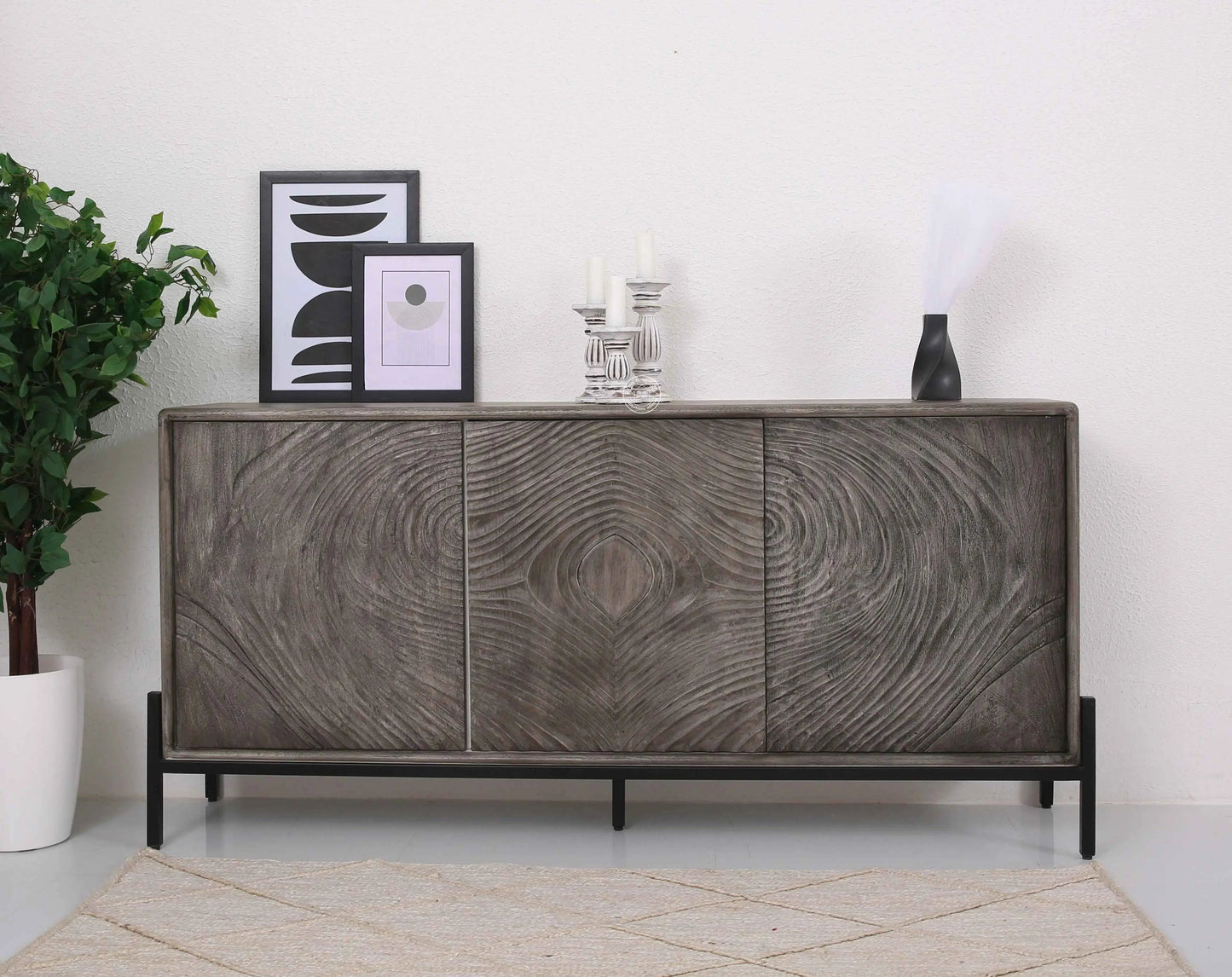 Harley Wooden Sideboard – 3 Doors, Solid Wood, Grey Finish | Opelhome UAE