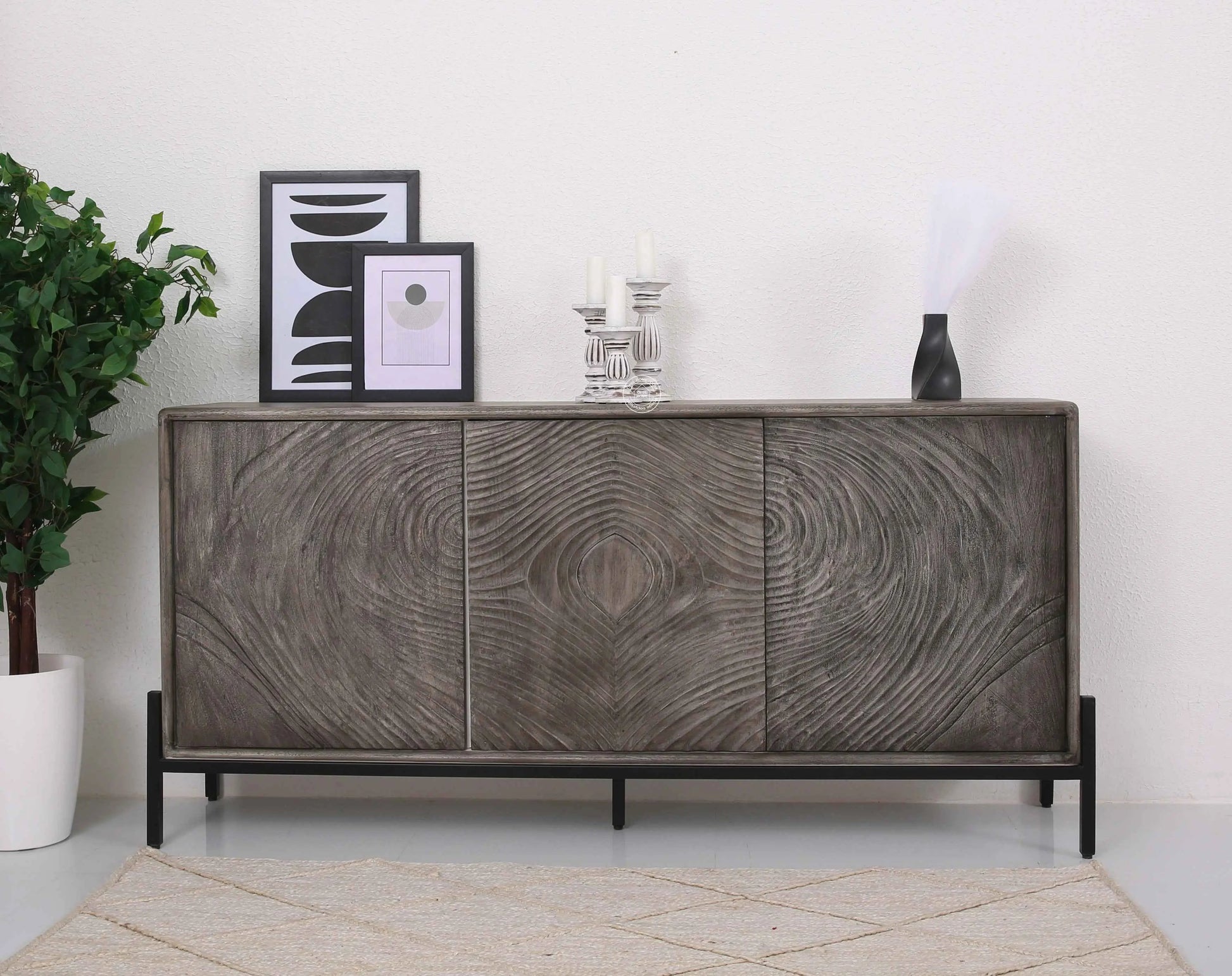 Harley Wooden Sideboard – 3 Doors, Solid Wood, Grey Finish | Opelhome UAE