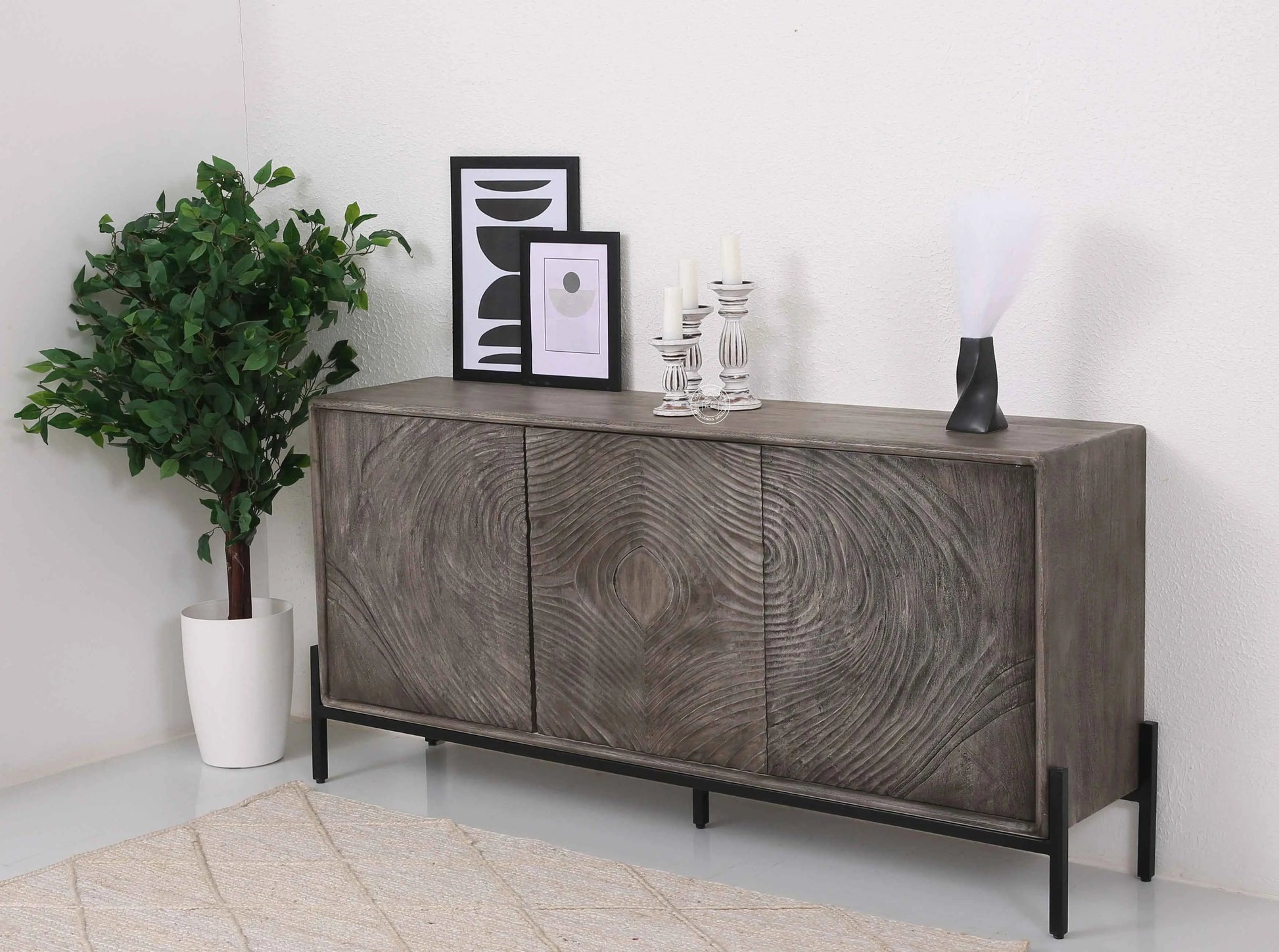 Harley Wooden Sideboard – 3 Doors, Solid Wood, Grey Finish | Opelhome UAE