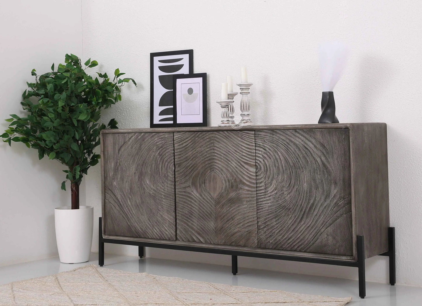 Harley Wooden Sideboard – 3 Doors, Solid Wood, Grey Finish | Opelhome UAE