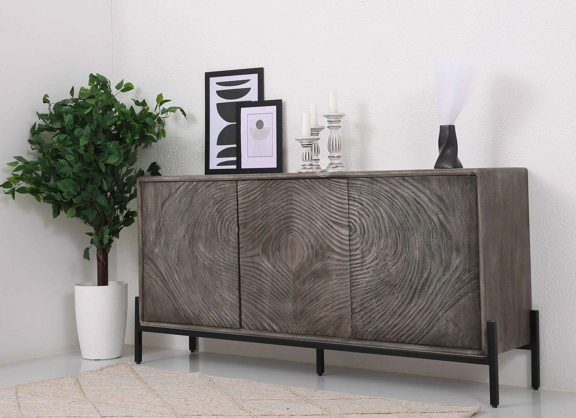 Harley Wooden Sideboard – 3 Doors, Solid Wood, Grey Finish | Opelhome UAE