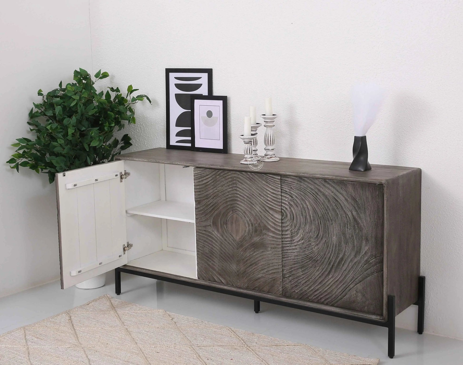Harley Wooden Sideboard – 3 Doors, Solid Wood, Grey Finish | Opelhome UAE