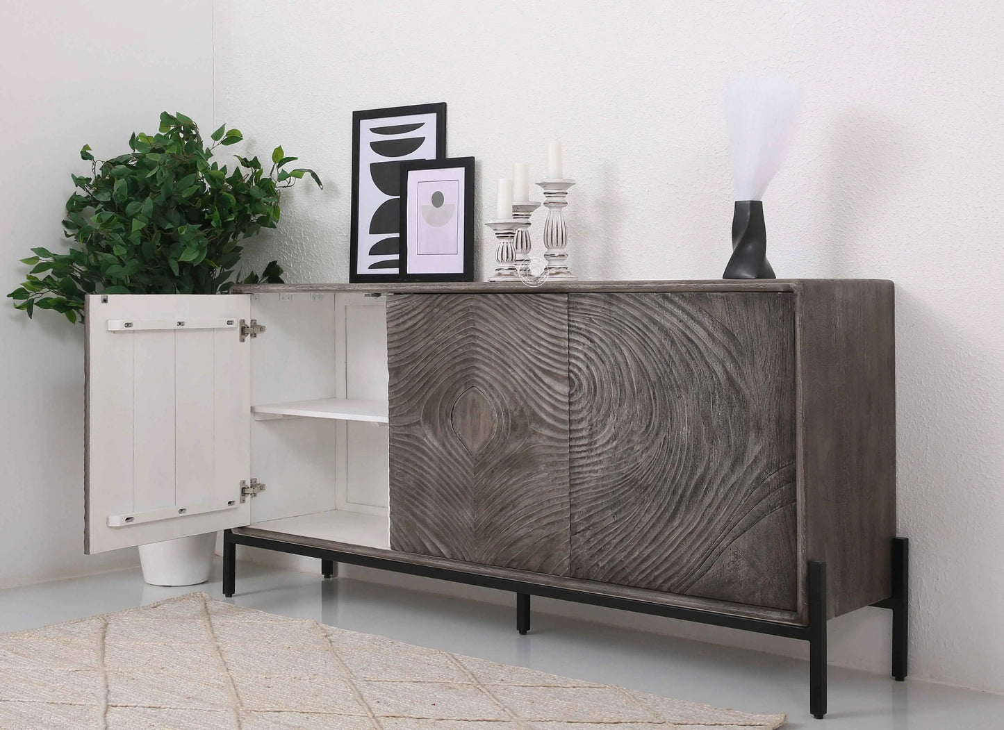 Harley Wooden Sideboard – 3 Doors, Solid Wood, Grey Finish | Opelhome UAE
