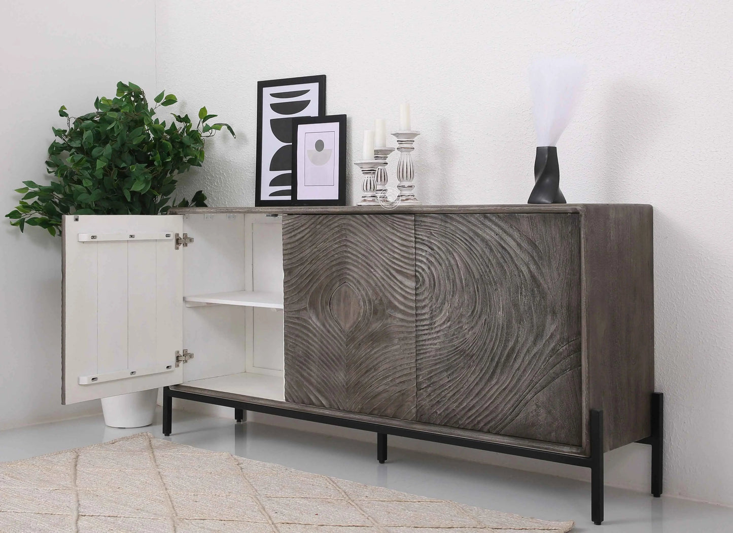 Harley Wooden Sideboard – 3 Doors, Solid Wood, Grey Finish | Opelhome UAE