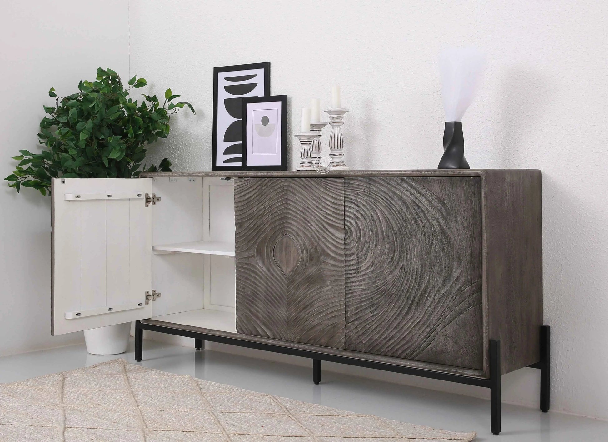 Harley Wooden Sideboard – 3 Doors, Solid Wood, Grey Finish | Opelhome UAE
