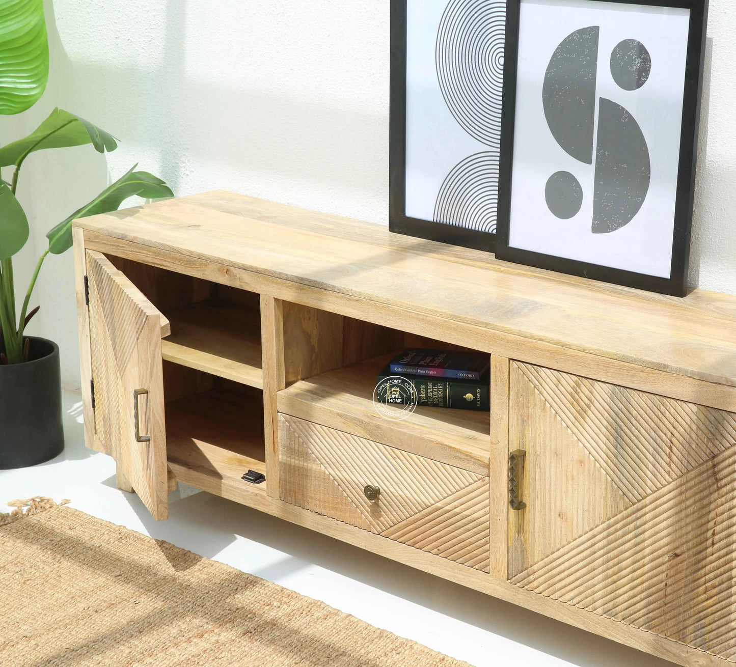Harwick Wooden TV Unit – Solid Mango Wood, Natural Finish, Media Console | Opelhome UAE