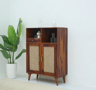 Healthfield Rattan Bar Cabinet – Solid Rosewood & Cane, Honey Finish | Opelhome UAE - Opelhome