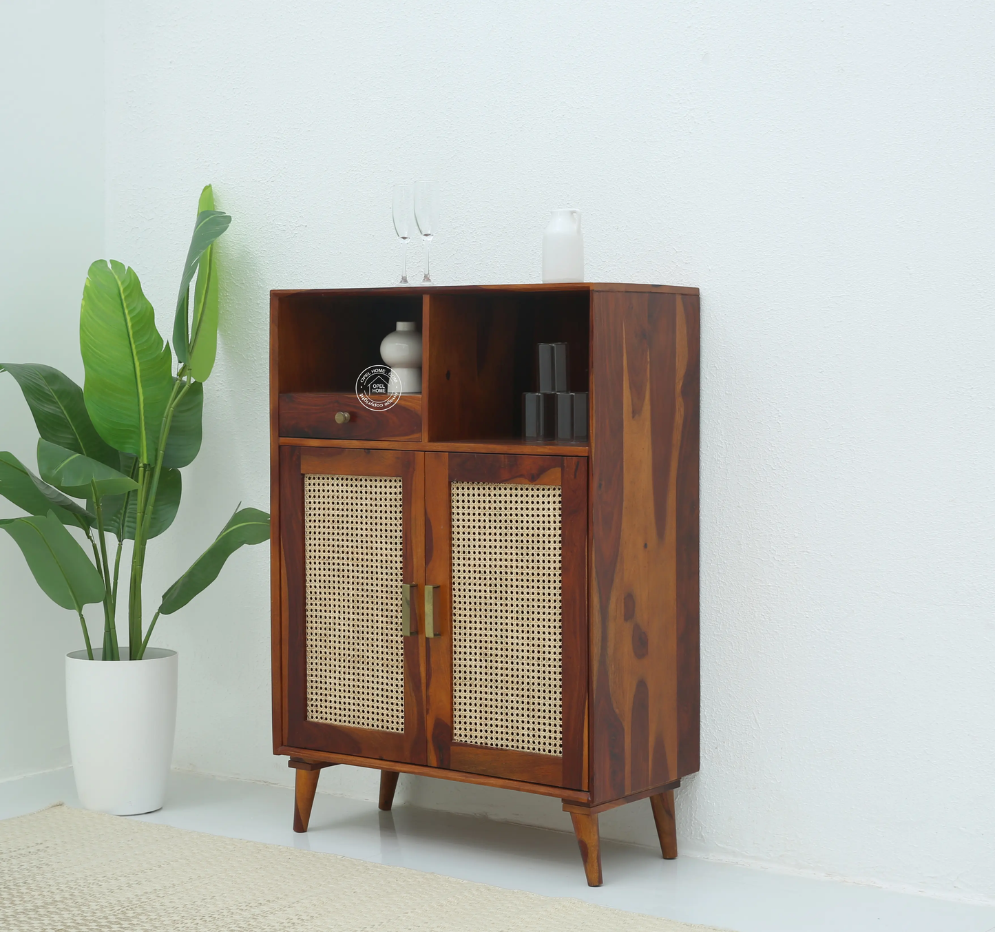Healthfield Rattan Bar Cabinet – Solid Rosewood & Cane, Honey Finish | Opelhome UAE - Opelhome