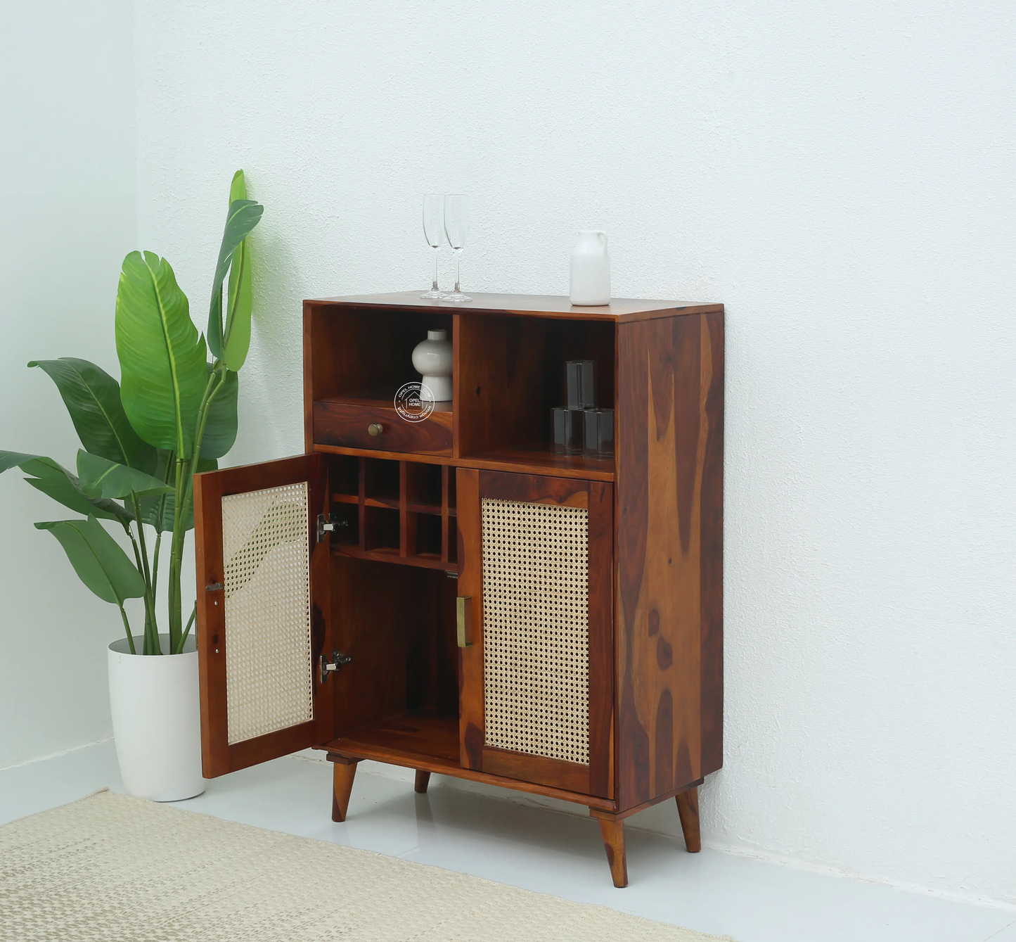 Healthfield Rattan Bar Cabinet – Solid Rosewood & Cane, Honey Finish | Opelhome UAE - Opelhome