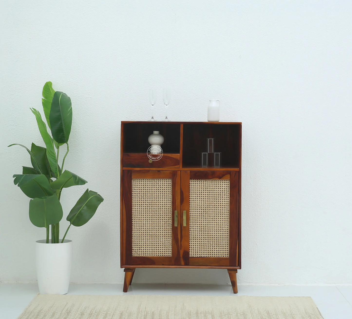 Healthfield Rattan Bar Cabinet – Solid Rosewood & Cane, Honey Finish | Opelhome UAE - Opelhome