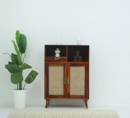 Healthfield Rattan Bar Cabinet – Solid Rosewood & Cane, Honey Finish | Opelhome UAE - Opelhome