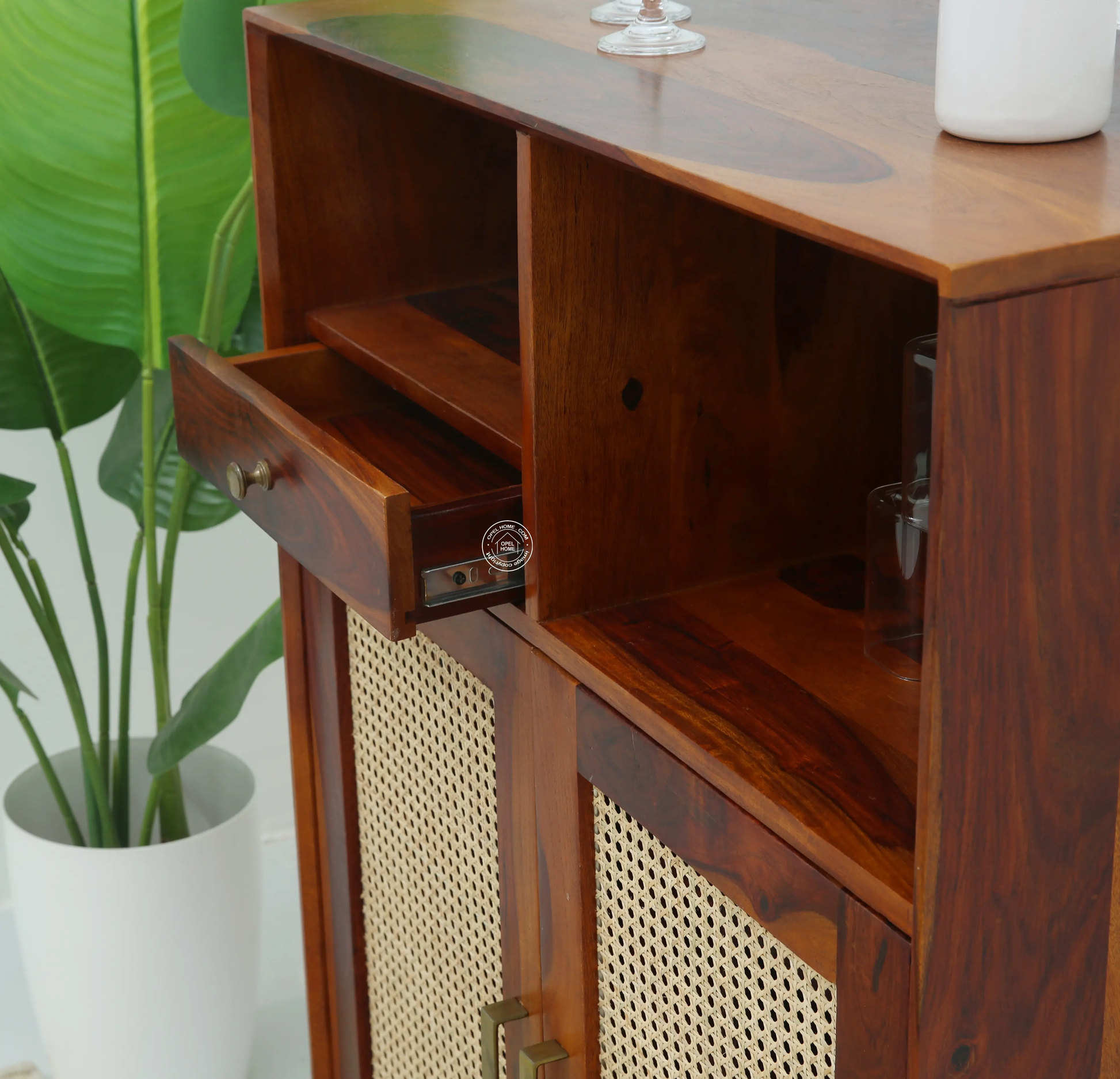 Healthfield Rattan Bar Cabinet – Solid Rosewood & Cane, Honey Finish | Opelhome UAE - Opelhome