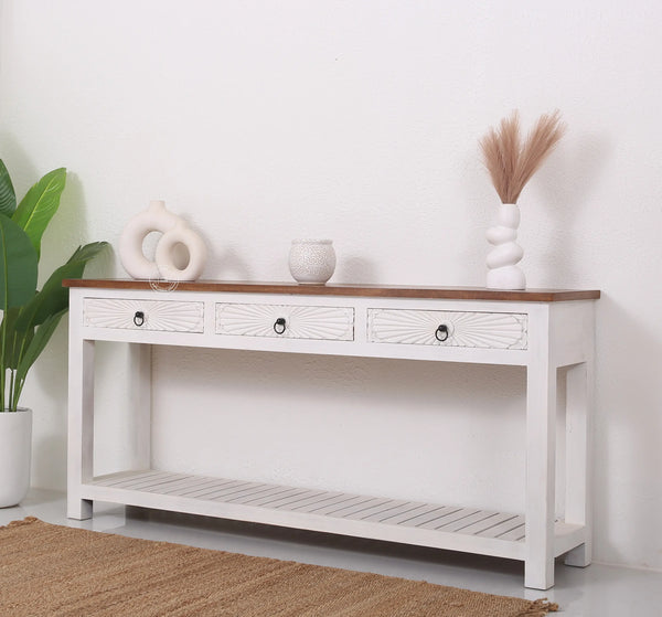 Henn Wooden Console Table – 3 Drawers, Solid Teak Wood, White Finish | Opelhome UAE Opel Home