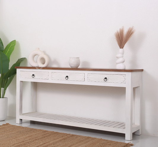 Henn Wooden Console Table – 3 Drawers, Solid Teak Wood, White Finish | Opelhome UAE