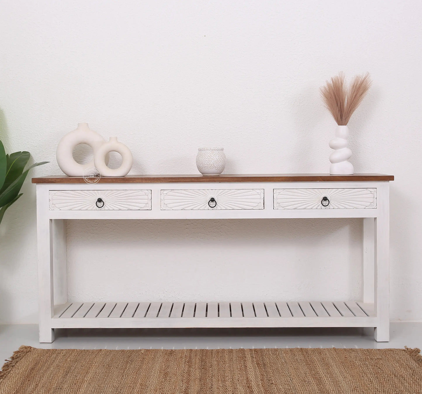 Henn Wooden Console Table – 3 Drawers, Solid Teak Wood, White Finish | Opelhome UAE Opel Home
