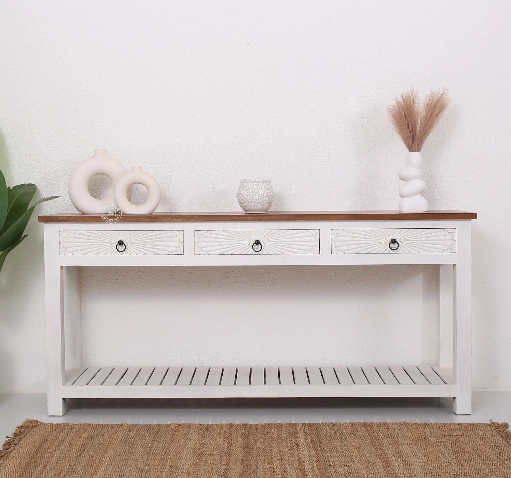 Henn Wooden Console Table – 3 Drawers, Solid Teak Wood, White Finish | Opelhome UAE Opel Home