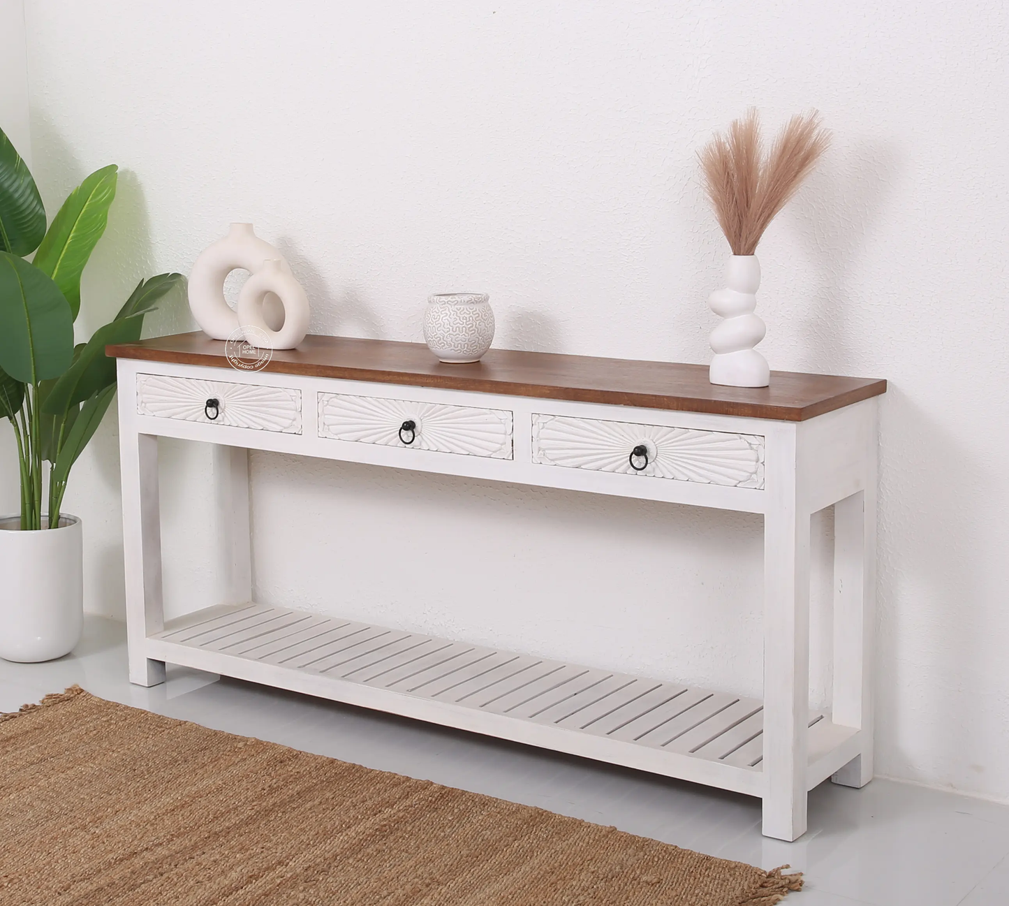 Henn Wooden Console Table – 3 Drawers, Solid Teak Wood, White Finish | Opelhome UAE