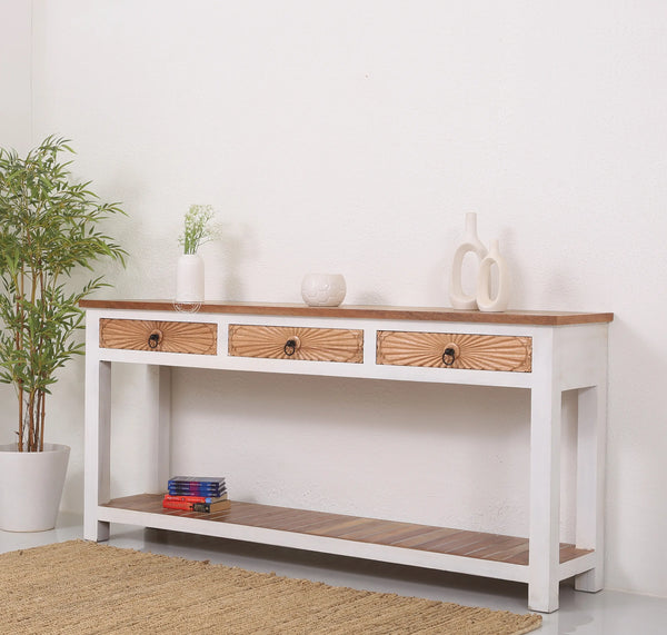 Henn Wooden Console Table – 3 Drawers, Solid Teak Wood, White Finish | Opelhome UAE Opel Home
