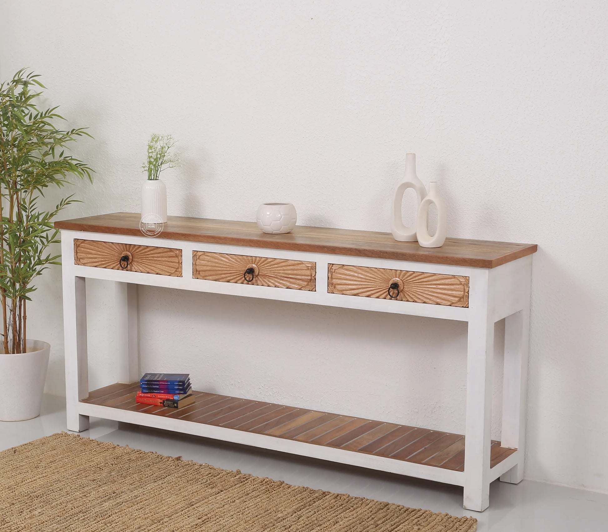 Henn Wooden Console Table – 3 Drawers, Solid Teak Wood, White Finish | Opelhome UAE Opel Home