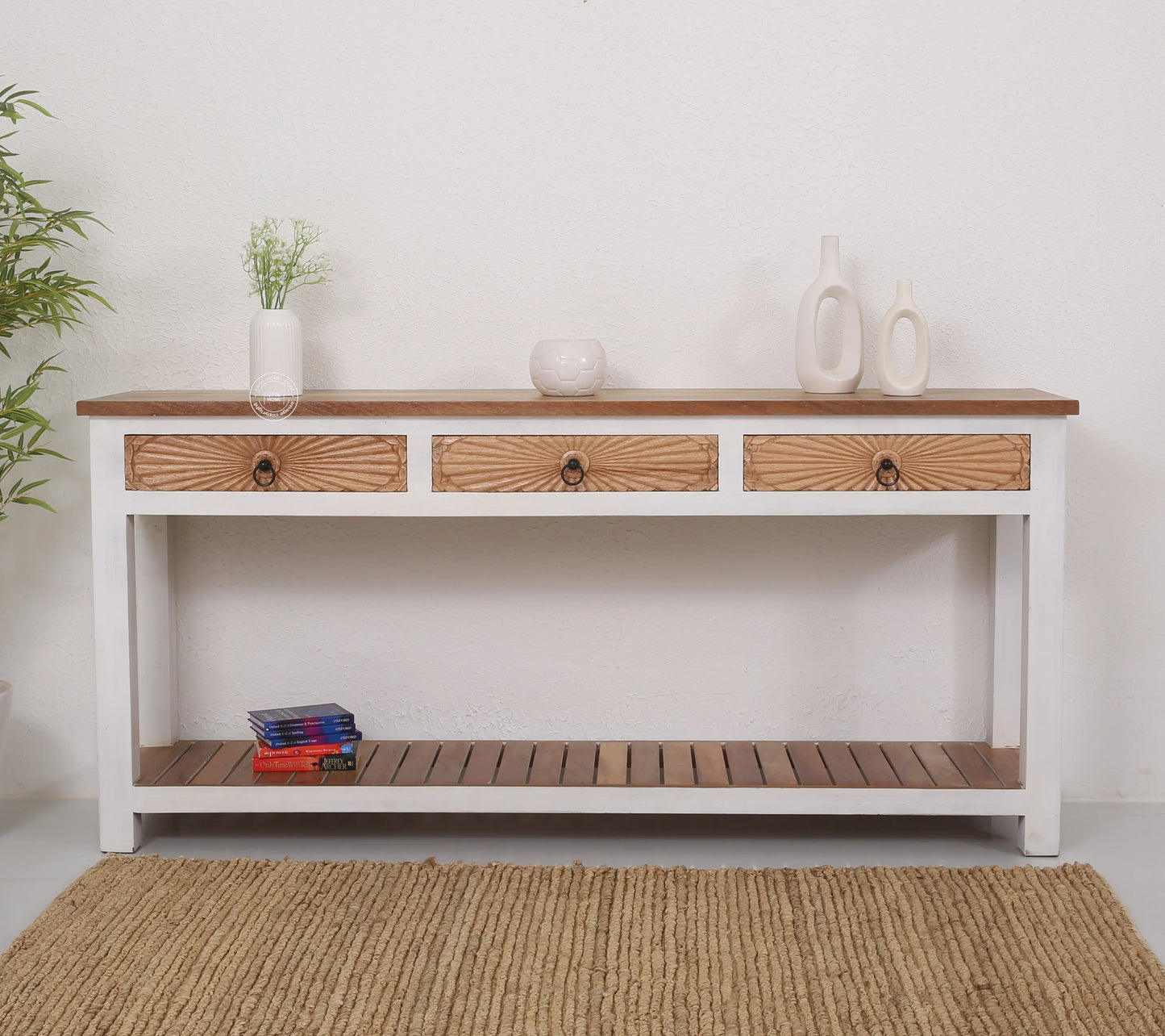 Henn Wooden Console Table – 3 Drawers, Solid Teak Wood, White Finish | Opelhome UAE Opel Home