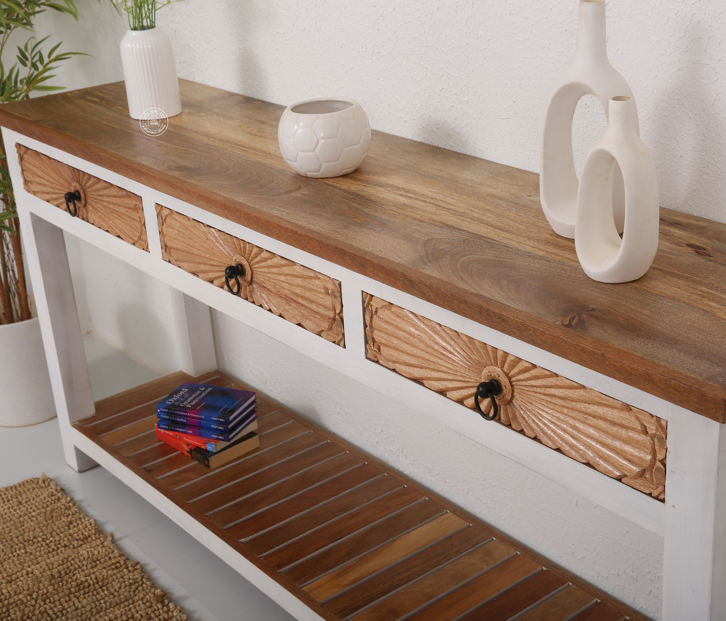 Henn Wooden Console Table – 3 Drawers, Solid Teak Wood, White Finish | Opelhome UAE