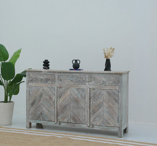 Herrin Old Wood Sideboard – 3 Doors, 3 Drawers, Solid Wood, Rustic White Finish | Opelhome UAE Opel Home