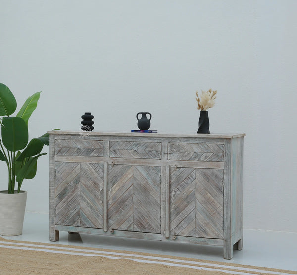 Herrin Old Wood Sideboard – 3 Doors, 3 Drawers, Solid Wood, Rustic White Finish | Opelhome UAE Opel Home